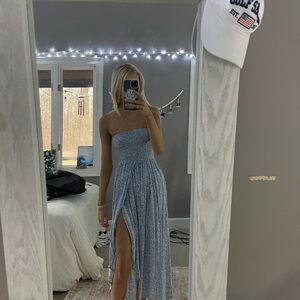 Strapless Blue Floral Maxi Dress